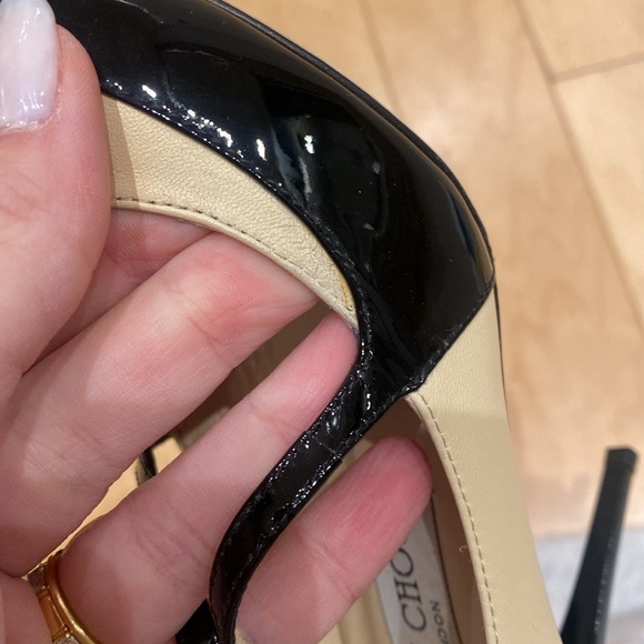 Jimmy Choo Patent Leather 133 Twist Nude Black Buckle Pointed Toe Heels Pumps 38 - Picture 15 of 16